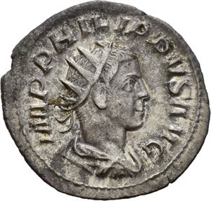 Philip II 247-249, antoninian, Roma 247 e.Kr. R: Philip I og II sittende mot venstre