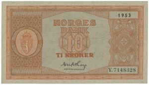 Lott 5 stk. 10 kroner 1945 A, 1947 E, 1950 M, 1951 U og 1953 Y.