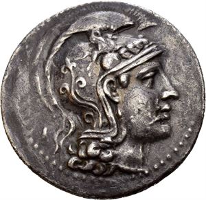 ATTICA, Athen. Circa 165-42 BC. AR tetradrachm (16.50 g). Struck 165-150/49 BC. Helmeted head of Athena right / A-TE, Owl standing right on amphora, head facing; monograms in left and right field; two coiled serpents in lower right field; B on amphora; all within wreath. Struck with slightly worn obverse die. Patches of find patina and deep old cabinet toning.