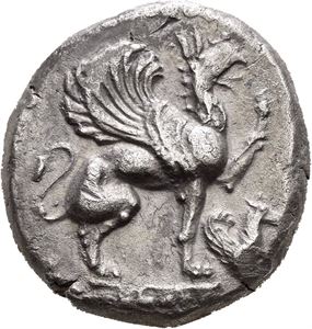 Ionia, Teos ca.460-420 f.Kr., stater (11,72 g). Griff sittende mot høyre/Inkus firkant