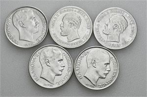 Lot 5 stk. 1 krone 1889, 1890, 1914, 1915 og 1916