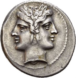 Anonymous. Circa 225-215 BC. AR quadrigatus, (6,66 g). Uncertain mint. Laureate head of Janus; curved truncation / Jupiter advancing right in quadriga driven by Victory, hurling thunderbolt and holding sceptre; ROMA incuse on raised tablet in exergue. Well struck on a broad flan. Attractive steel grey toning.