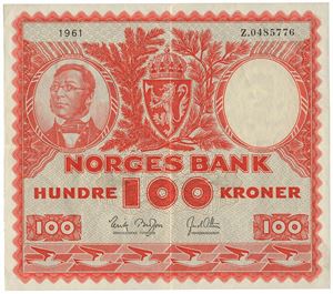 100 kroner 1961. Z0485776. Erstatningsseddel/replacement note