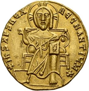 Basil I the Macedonian 867-886, solidus, Constantinople (4,40 g). Kristus på trone/Byster av Basil og Constantin