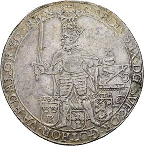 Karl IX, riksdaler 1608. Har vært anhengt, blekkskrift på advers/has been mounted, inkwriting on reverse