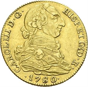 Carl III, 4 escudos 1780. Madrid. Ripe på advers/scratch on obverse