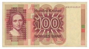100 kroner 1977. QK0046869. Erstatningsseddel/replacement note