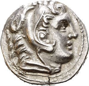 KINGS of MACEDON, Alexander III, 336-323 BC. AR tetradrachm (17,13 g). Struck under Kassander, Philip IV, or Alexander (son of Kassander). Amphipolis mint, struck circa 310-294 BC. Head of Herakles right, wearing lion skin headdress / A?E?AN?POY, Zeus Aëtophoros seated left, holding eagle and sceptre; ? above torch in left field; monogram below throne. Tiny spot of deposit on obverse. Lightly toned with some remaining underlying lustre.