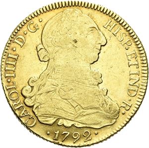 Carl IV, 8 escudos 1792. Blankettdwil på revers/planchet flaw on reverse