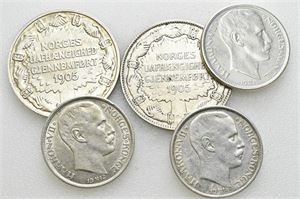 Lot 5 stk. 2 kroner 1906, 1907, 1 krone 1912, 1914 og 1917