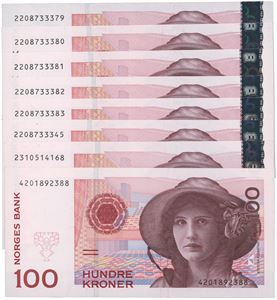 Lott 8 stk. 100 kroner 1995, 2003 x6 og 2004.