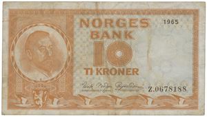 10 kroner 1965. Z.0678188. Erstatningsseddel/replacement note.