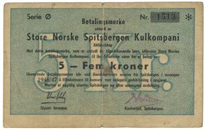 5 kroner 1946/47. Serie Ø. Nr. 1513. Små kantrifter/small edge tears. Meget sjelden/very rare