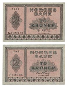 Lot 2 stk. 2 kroner 1948. F8166321 og 1950. G6593183
