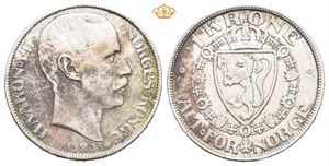 1 krone 1908. Myntmerke på plate. Ujevn toning/uneven toning