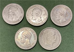 Lot 5 stk. 1 krone 1892, 1894, 1897, 1901 og 1912