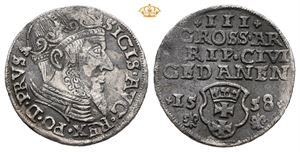 Sigismund II, 1545-1572. Trojak/3 grosze 1558, Gdansk. R7. 2,36 g. Svakt buklet, lett porøs, og med funnpatina. Meget sjelden