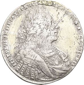 Peter II, rubel 1728. Kadashevsky Mint. Har vært anhengt/has been mounted