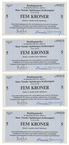 Lot 4 stk. 5 kroner 1978. Serie SS. Nr.00617-00620