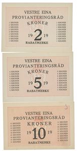 Lott 3 stk. Vestre Eina Provianteringsråd. 2, 5 og 10 kroner 1919