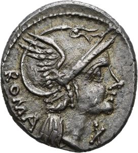 L. Flaminius Cilo 198-108 f.Kr., denarius. Hode av Roma mot høyre/Victoria i biga mot høyre