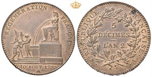 1. republikk, 5 decimes år II (=1793). Overpreget/overstruck