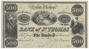 500 dollars ND. Bank of St. Thomas. Lite nålehull/small pinhole. Nytrykk/reprint