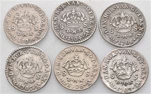 Norge, Frederik IV, lot 6 stk. 8 skilling 1704, 1705, 1706, 1707, 1708 og 1709