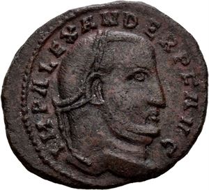 Alexander 308-310, Æ follis, Carthago. R: Alexander på hest mot høyre