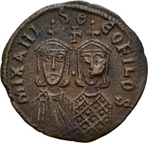 Michael II the Amorian 820-829, Æ follis, Constantinople. Byster av Michael og Theophilus/Stor M