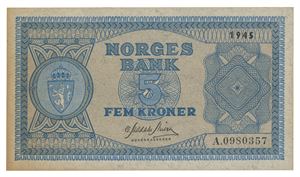 Norway. 5 kroner 1945. A0980357. Bruntonet papir/brownish paper