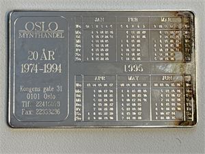 Kalender fra Oslo Mynthandel i sølv