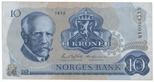 10 kroner 1972. QY0068333. Erstatningsseddel/replacement note