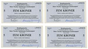 Lot 4 stk. 5 kroner 1978. Serie SS Nr.00670-00673