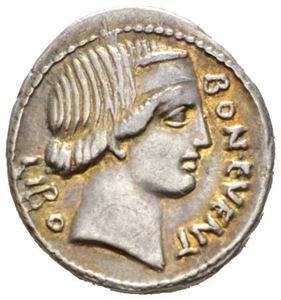 L. SCRIBONIUS LIBO 62 f.Kr., denarius. Hode av Bonus Eventus mot høyre/Puteal Scribonianum