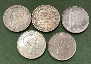 Lot 5 stk. 2 kroner 1878, 1906, 1914 jub., 1915 og 1917