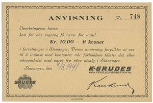 10 kroner 1941 K. Grudes Konfeksjonsfabrikk.  Blankett.  748.   R .