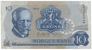 10 kroner 1972. QL0068289. Flekker/stains. Erstatningsseddel/replacement note