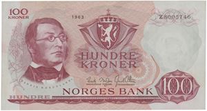 100 kroner 1963. Z8005746. Erstatningsseddel/replacement note.