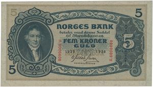 5 kroner 1939. R.6006606.
