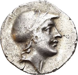PHRYGIA, Kibyra. Circa 166-84 BC. AR drachm (2.65 g). Dated year 16, but of uncertain era. Helmeted head of Kibyras to right / KIBYPATON, armored cavalryman advancing right, holding spear; wreath to upper left, IC below horse. Obverse a bit weakly struck. Toned.