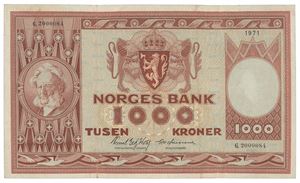1000 kroner 1971. G2000084. Erstatningsseddel/replacement note. R.