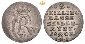 Christian VII (1766 - 1808) 2 skilling 1807 Bauert.  Svakt preg langs kant.