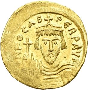 Phocas 602-610, AV solidus, Constantinople (4,37 g). Draped and cuir. bust facing wearing crown and holding globe with cross/Angel stg. facing holding long staff and globe with cross