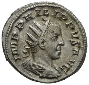 PHILIP II 247-249, antoninian, Roma 248 e.Kr. R: Elg gående mot venstre. Disse tre myntene er preget for å markere byen Roma`s 1000 års jubileum