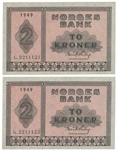 2 kroner 1949. G.2211121-22. 2 stk. i nummerrekkefølge.
