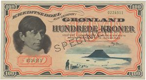 100 kroner ND (1953). No. 0224511. Perforated SPECIMEN.