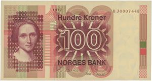 100 kroner 1977. HJ0007448. Erstatningsseddel/replacement note.