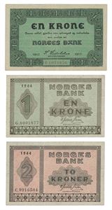 Lot 3 stk. 1 krone 1917 F, 2 kroner 1944 C og 1 krone 1944 G