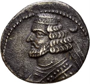 KINGS of PARTHIA. Orodes II (57-38 BC). AR drachm (3,77 g). Rhagai mint. Diademed and draped bust of Orodes II to left, crescent behind / Archer (Arsakes I) seated right on throne, holding bow; monogram below bow. Dark find patina and some deposits. Old scratch on reverse.